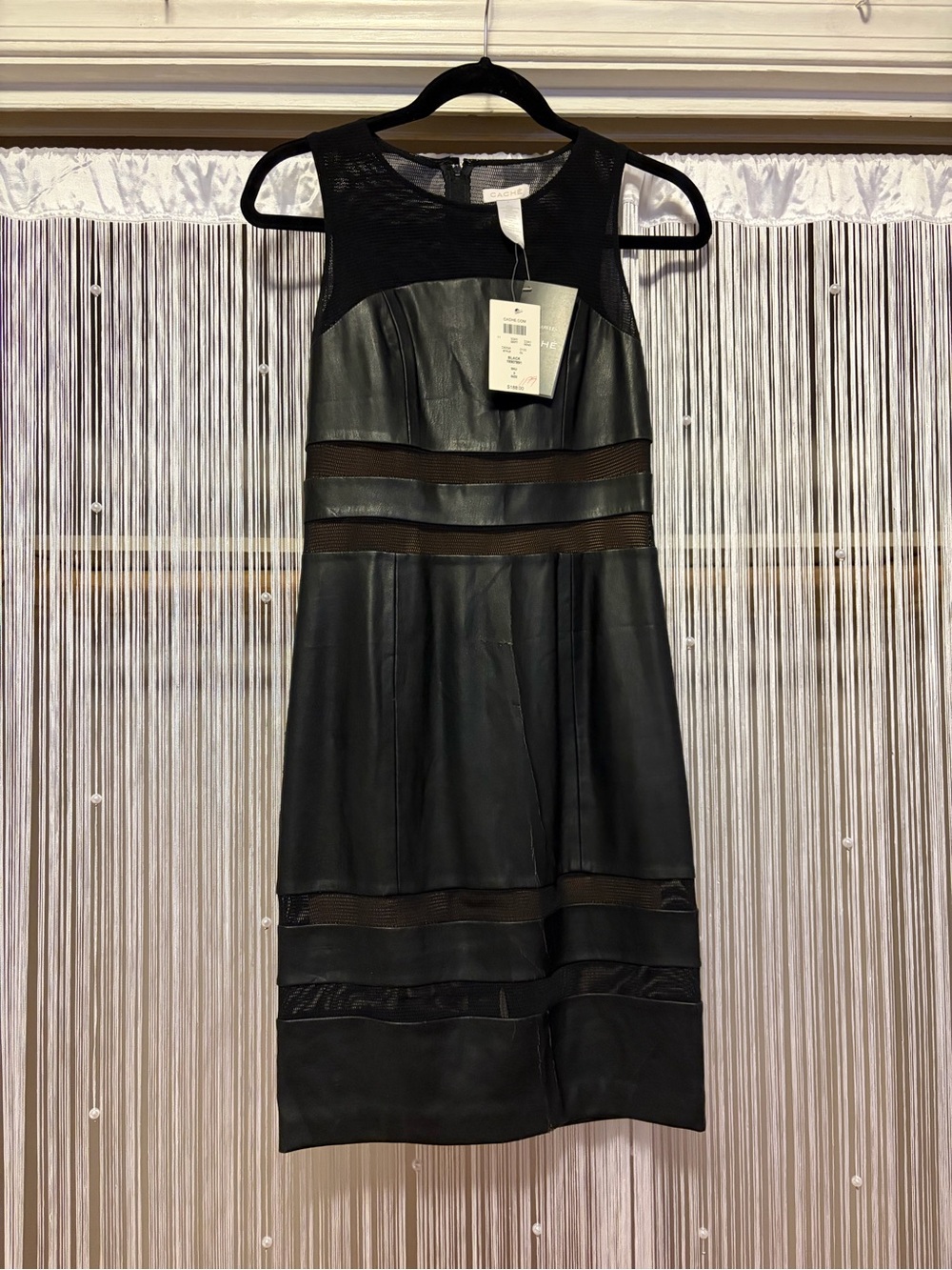 Cache Black Faux Leather & Sheer Mesh Panel Dress